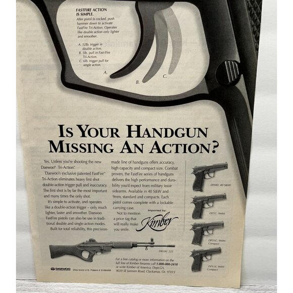 Daewoo Tri-Action Handgun Vintage Print Ad 1990s FastFire Pistols Kimber - Picture 5 of 6